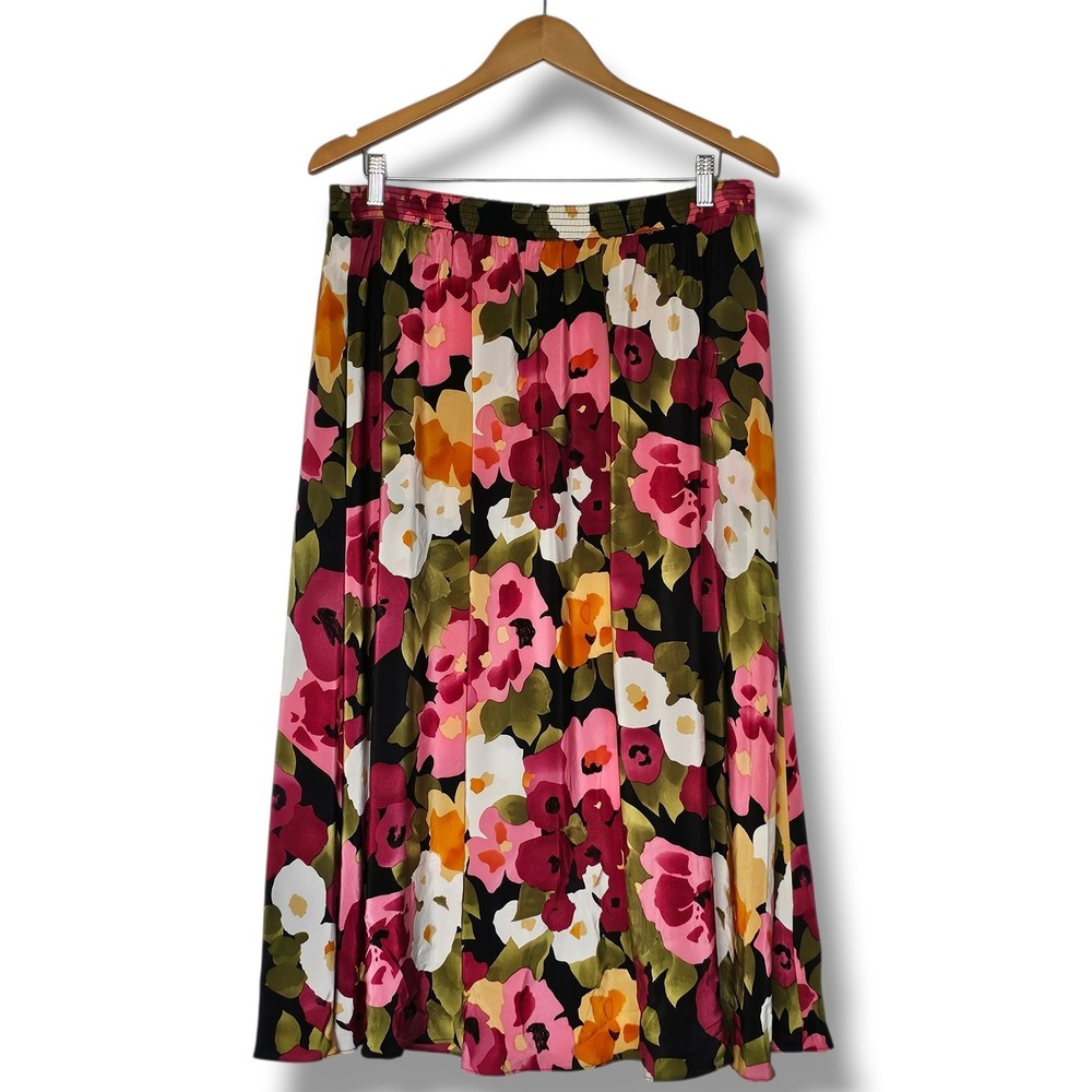 Vtg Sandra Roth Silk Midi Skirt 16 Black Floral Ciaosport Elastic Waist Luxury